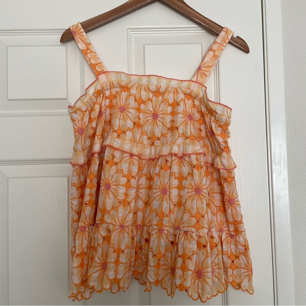 Anthropologie Orange and White Daisy Eyelet Tiered Tank